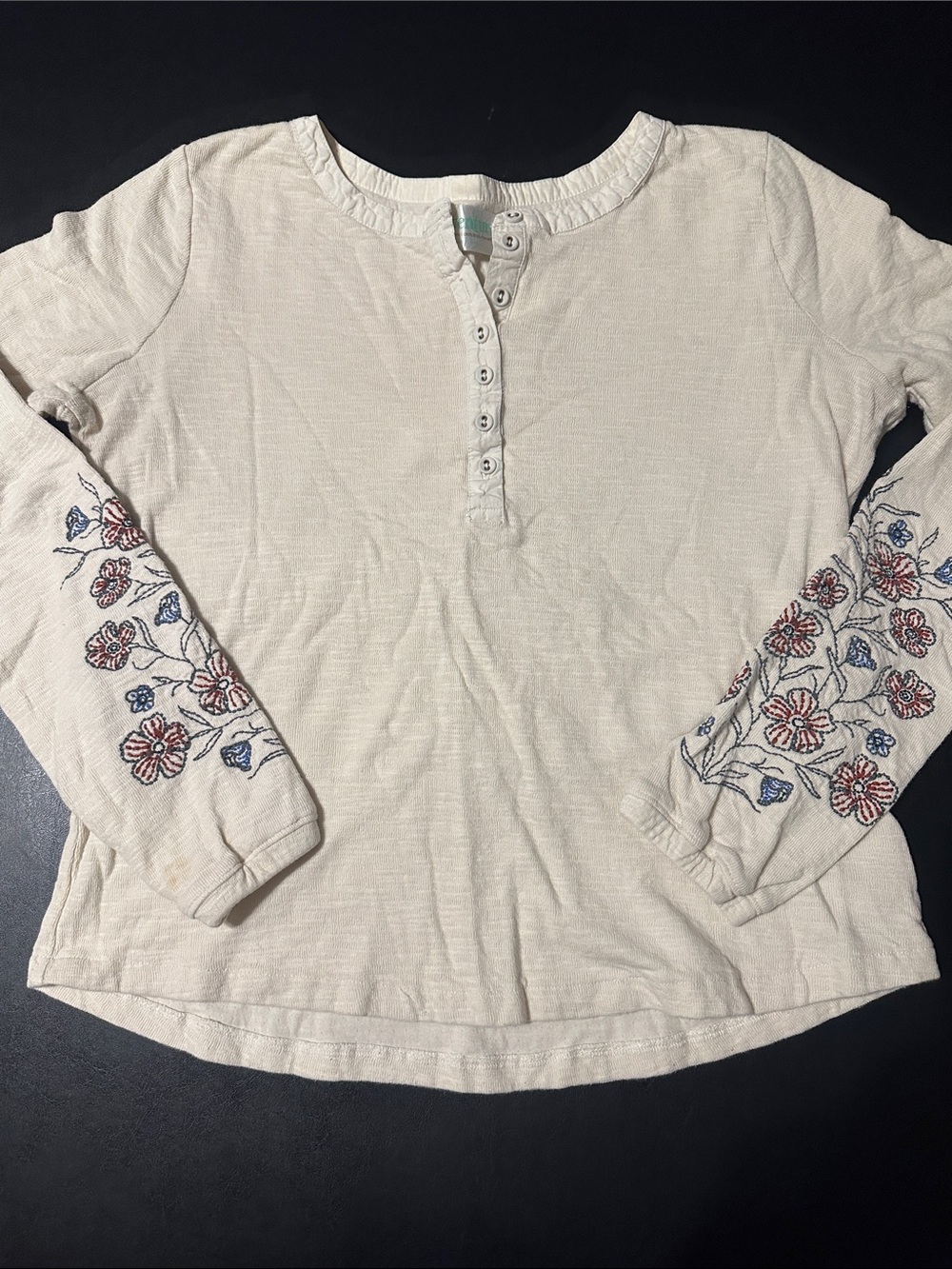 Aventura Cream Henley Top with Red and Blue Floral Embroidery